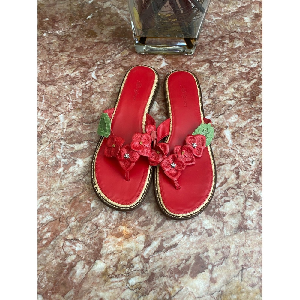 New Brighton Oak Floral Rhinestone Red Leather Slide Thong Sandals Size 9M, $175